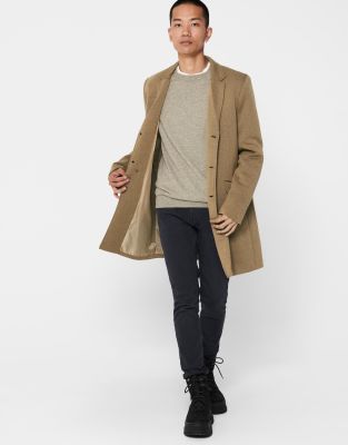 Only & Sons smart jersey overcoat in camel