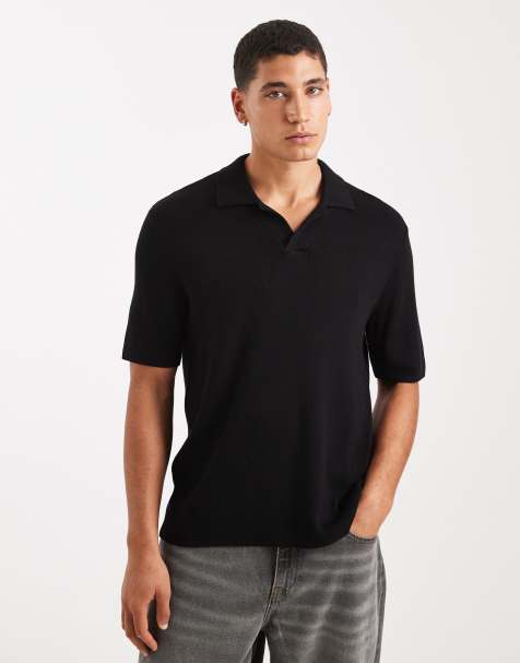 ONLY & SONS split neck knitted polo in black