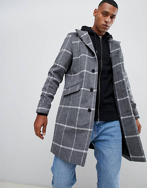 Only & Sons stand collar wool overcoat in grid check | ASOS