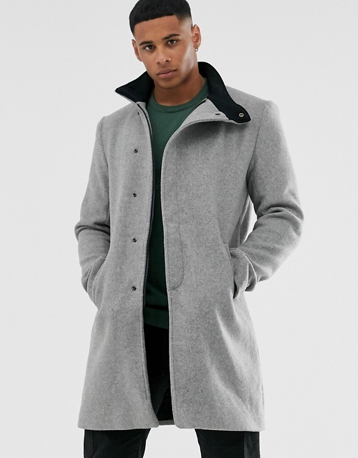 Only & Sons stand up collar concealed closer overcoat in grey