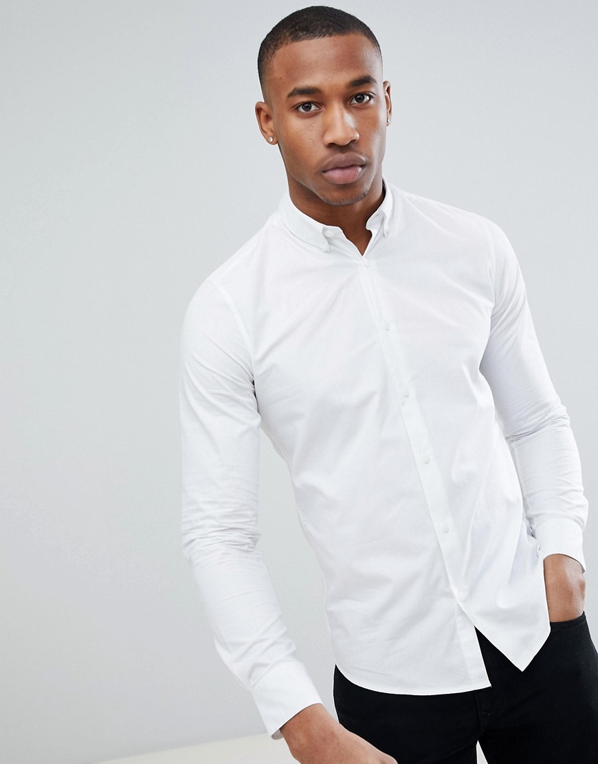 Only & Sons stretch poplin button down shirt in white