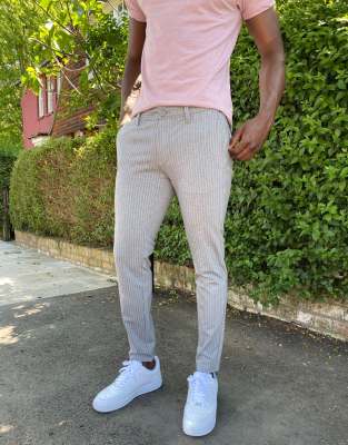 Only & Sons stretch smart pants in gray pinstripe