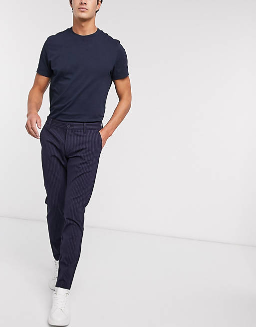Only & Sons stretch smart trouser in navy pinstripe
