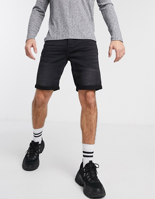 Only & Sons stretch sweat denim shorts in black wash