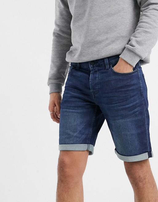 Only & Sons stretch sweat denim shorts in dark blue