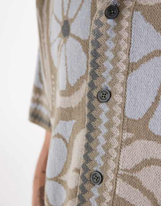 ONLY & SONS – Strickhemd in Beige mit blauem Blumenmuster, 3 von 5