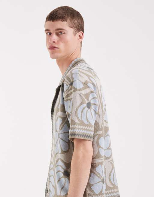 ONLY & SONS – Strickhemd in Beige mit blauem Blumenmuster, 4 von 5