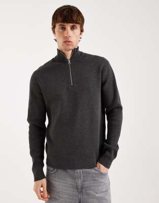 Sons - Strickpullover in Dunkelgrau mit kurzem Reißverschluss Grau XL