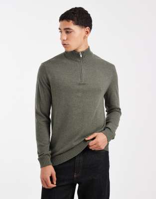 Sons - Strickpullover in Khaki mit kurzem Reißverschluss-Grün Grün S