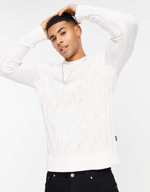 Only & Sons – Strickpullover mit Zopfmuster in Weiß