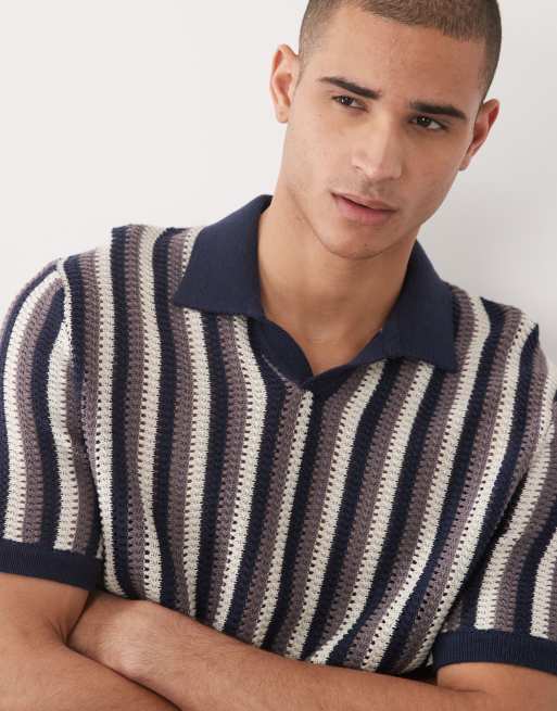 ONLY & SONS - Strikket polo med hakudskæring i halsen og beige og blå striber i afslappet pasform, 3 af 5