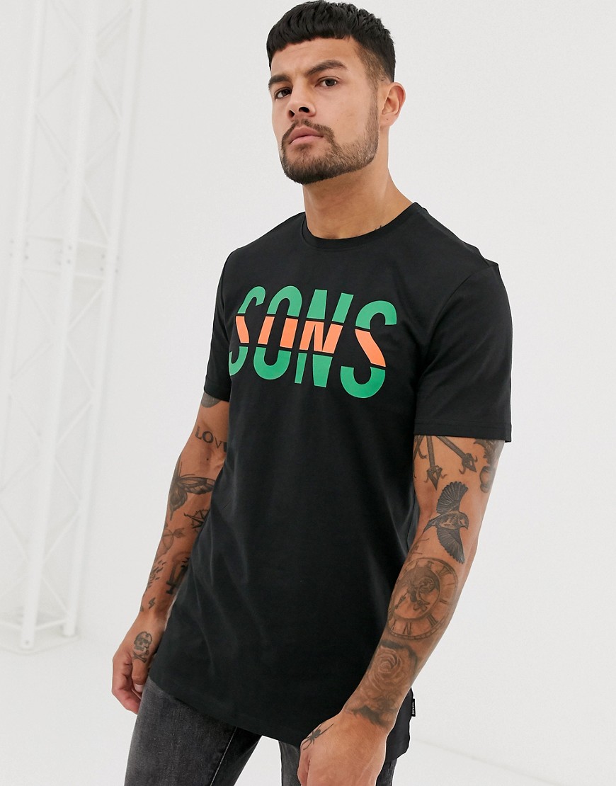 Only & Sons stripe slogan t-shirt-Black