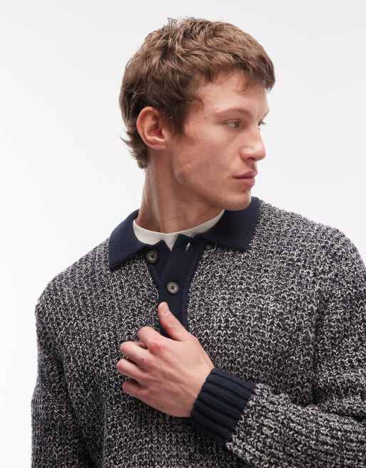 ONLY & SONS structured knit jumper with contrast collar in navy, 5 of 5