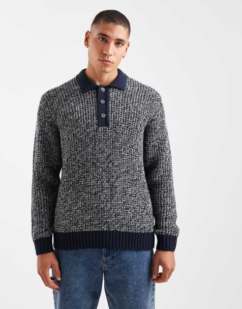 ONLY & SONS structured knit sweater with contrast collar in navy - view 1