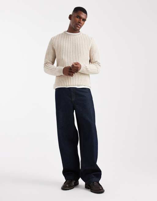 ONLY & SONS – Strukturierter, gestreifter Regular Fit Strickpullover in Steinbeige und Cremeweiß, 2 von 5