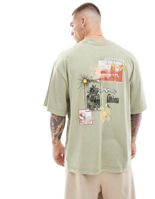 Only & Sons Super Oversized T-shirt With Postcard Back Print In Green