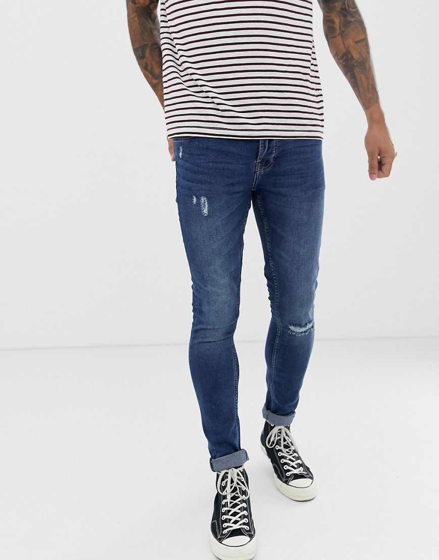 Only & Sons - Superskinny jeans met gescheurde knie in blauw met wassing