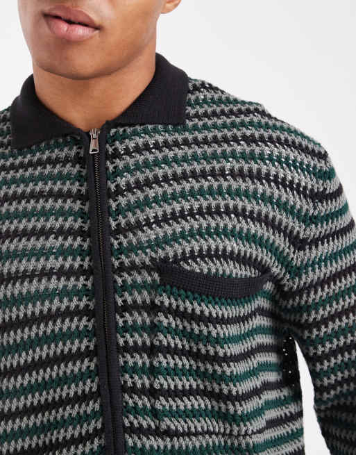ONLY & SONS – Svart, grön och virkad tröja med dragkedja och ficka, 5 av 5