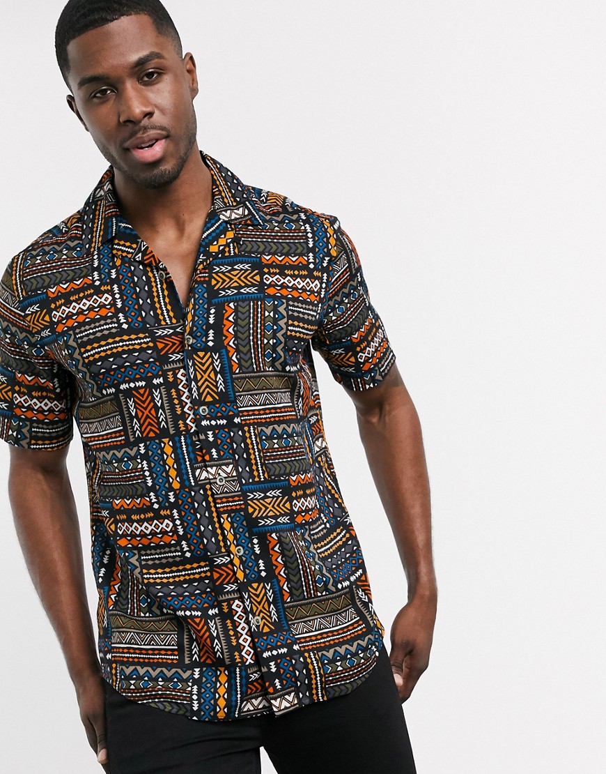 Only & Sons – Svart kortärmad skjorta med aztec-mönster och platt krage
