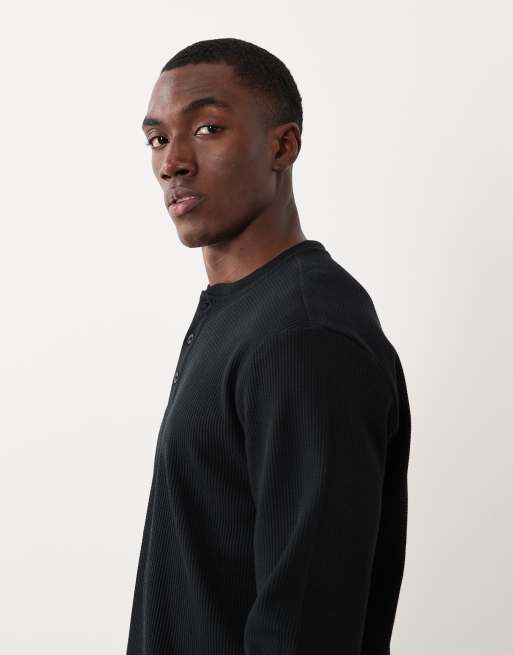 ONLY & SONS – Svart, långärmad t-shirt i henley-modell med våffelstruktur, 4 av 5