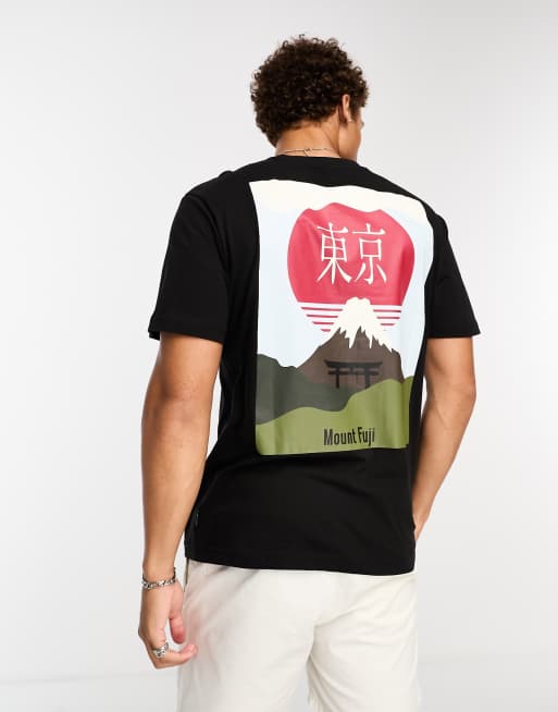 Only & Sons – Svart t-shirt i oversize med japanskt bergstryck