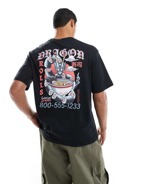 ONLY & SONS – Svart t-shirt med avslappnad passform och sushi-tryck baktill - view 1