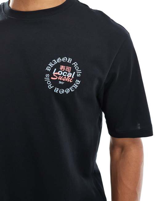 ONLY & SONS – Svart t-shirt med avslappnad passform och sushi-tryck baktill, 4 av 5