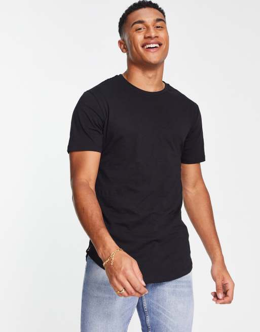 Only & Sons – Svart t-shirt med rundad nederkant i longline-modell