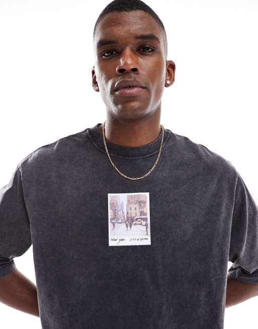 Only & Sons – Svart, tvättad t-shirt i oversize med New York-tryck, 2 av 4