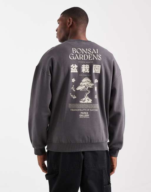 ONLY & SONS - Sweat vintage avec imprimé Bonsai au dos - Anthracite