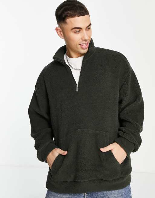 Only & Sons – Sweatshirt aus Teddyfell in Dunkelgrün mit kurzem Reißverschluss