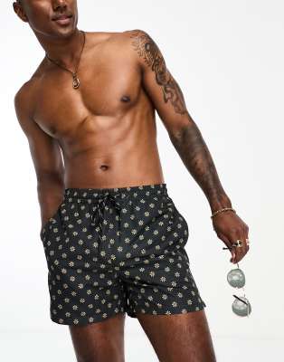 Only & Sons Swim Short In Navy With Beige Ditsy Print