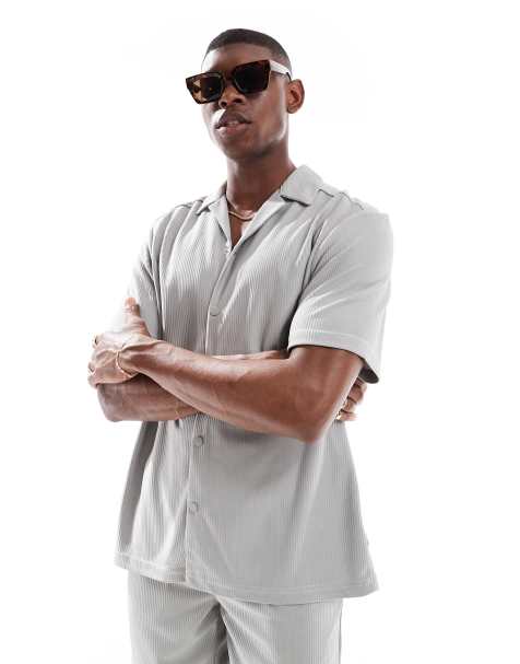 ONLY & SONS plisse revere collar shirt co-ord in grey