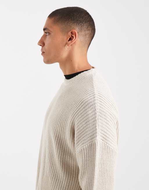 ONLY & SONS – Szarobeżowy prążkowany sweter oversize z dzianiny o splocie angielskim, 4 z 5