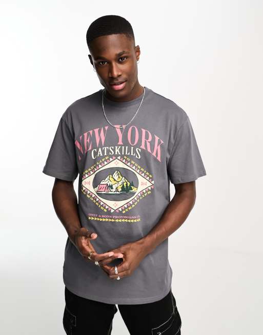 Only & Sons – Szary T-shirt oversize z nadrukiem z motywem Nowego Jorku na piersi