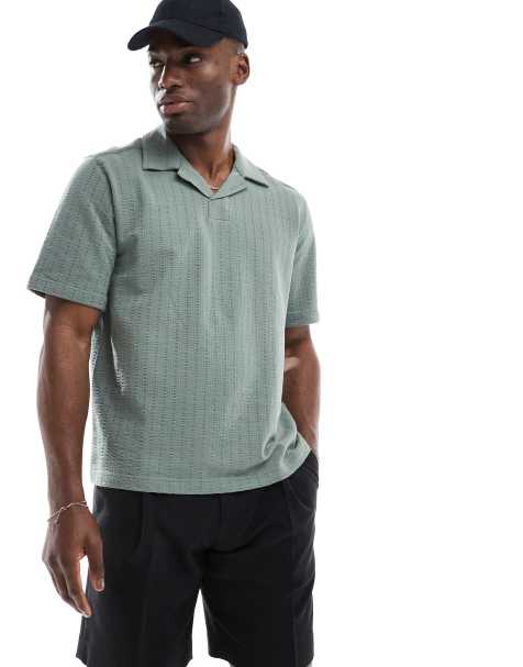 ONLY & SONS split neck seersucker polo in sage green