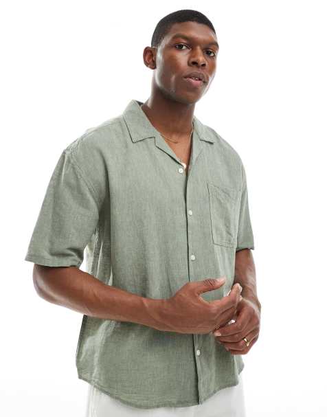 ONLY & SONS linen mix relaxed resort shirt in sage