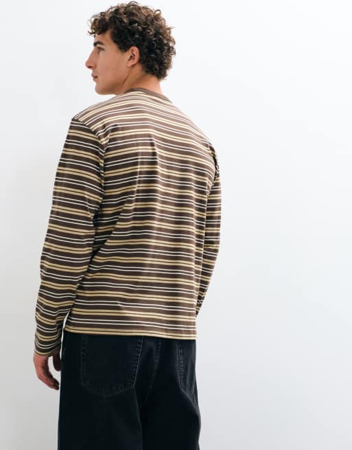 ONLY & SONS t-shirt à manches longues coupe relaxed ras de cou à rayures marron et crème, 5 de 5
