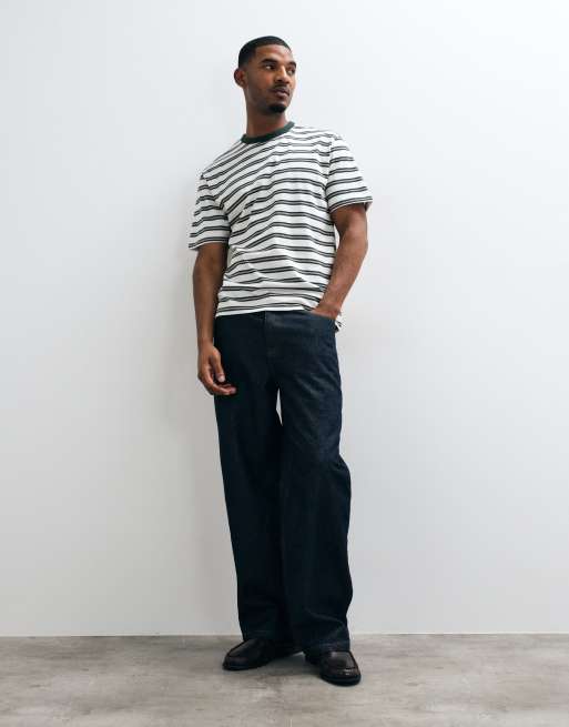 ONLY & SONS T-shirt a maniche corte vestibilità comoda a righe bianche e verdi, 3 di 5