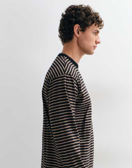 ONLY & SONS T-shirt a maniche lunghe girocollo vestibilità comoda a righe nere e crema, 4 di 5
