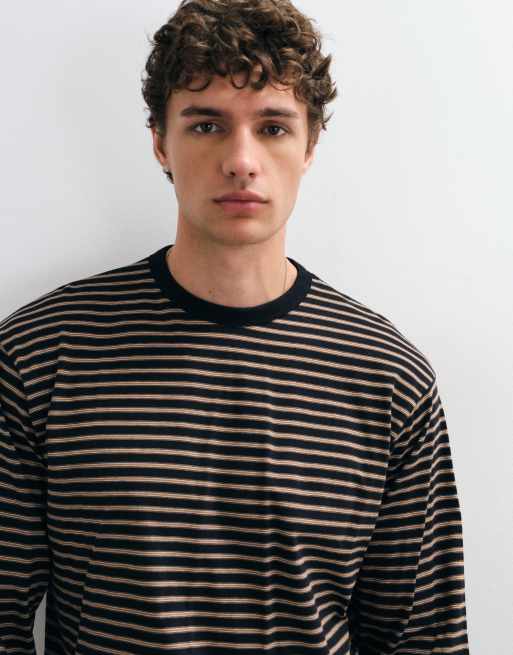 ONLY & SONS T-shirt a maniche lunghe girocollo vestibilità comoda a righe nere e crema, 5 di 5