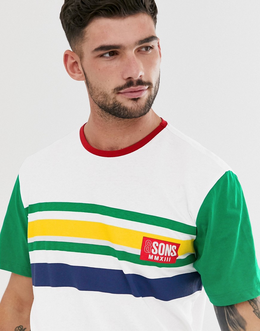 Only & Sons - T-shirt bianca con righe colour block e logo-Bianco
