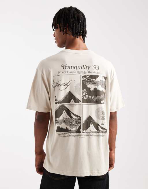 ONLY & SONS - T-shirt comoda beige con stampa di montagne sul retro