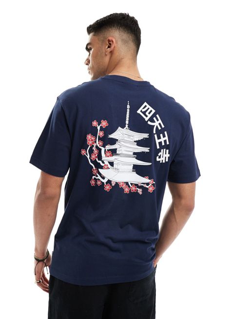 ONLY & SONS - T-shirt comoda blu navy con stampa di tempio