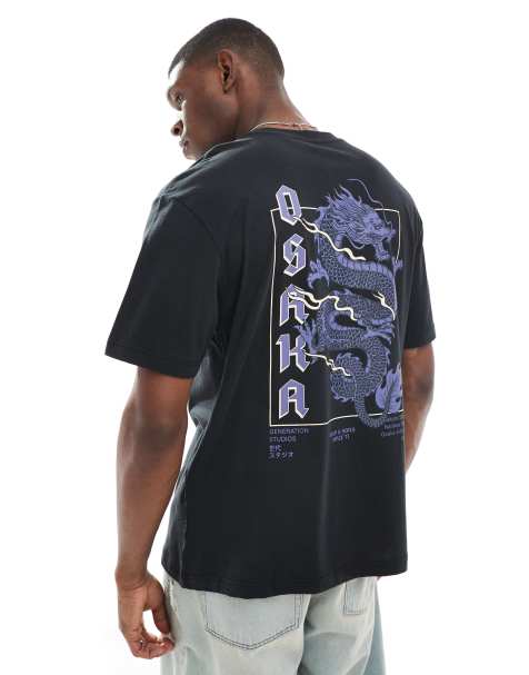 ONLY & SONS - T-shirt comoda nera con stampa con drago - view 1