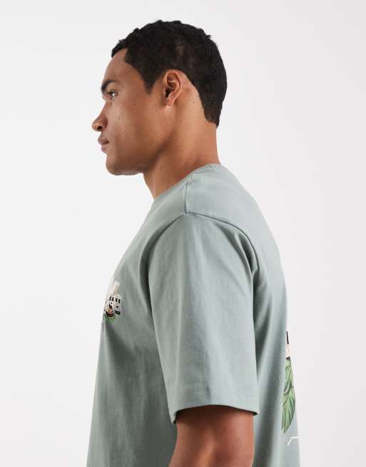 ONLY & SONS - T-shirt comoda verde salvia scuro con grafica floreale sul retro, 4 di 5