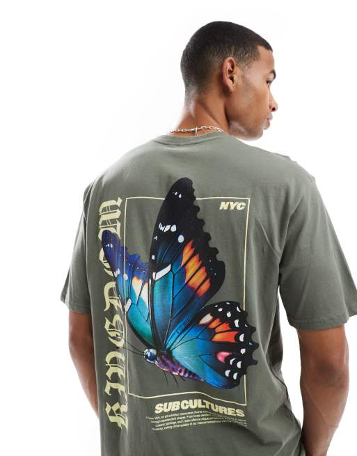 ONLY & SONS - T-shirt comoda verde salvia scuro con stampa di farfalla sul retro