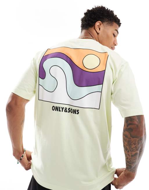 Only & Sons - T-shirt décontracté avec imprimé plage effet color block au dos - Citron vert