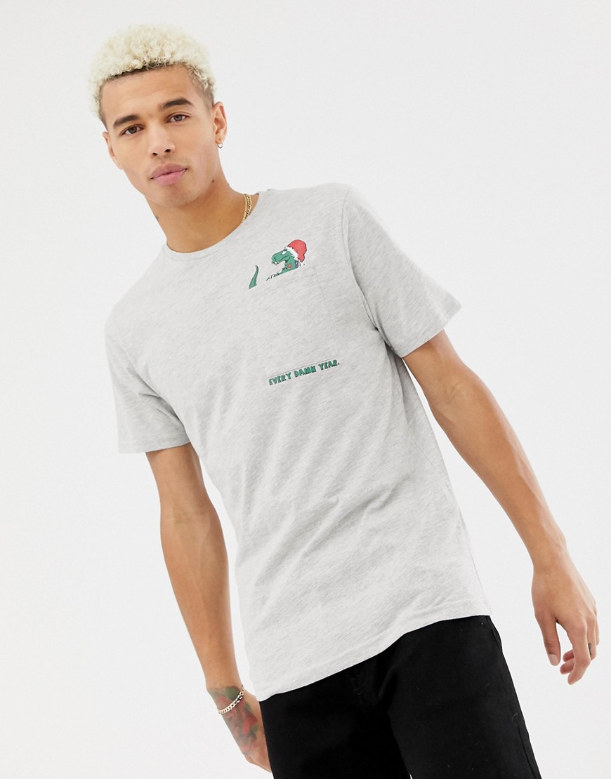 Only & Sons - T-shirt natalizia con dinosauro sulla tasca-Grigio