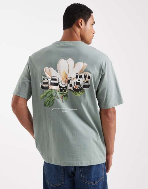 ONLY & SONS – T-shirt o luźnym kroju w ciemnym szałwiowym kolorze z kwiatowym nadrukiem na plecach